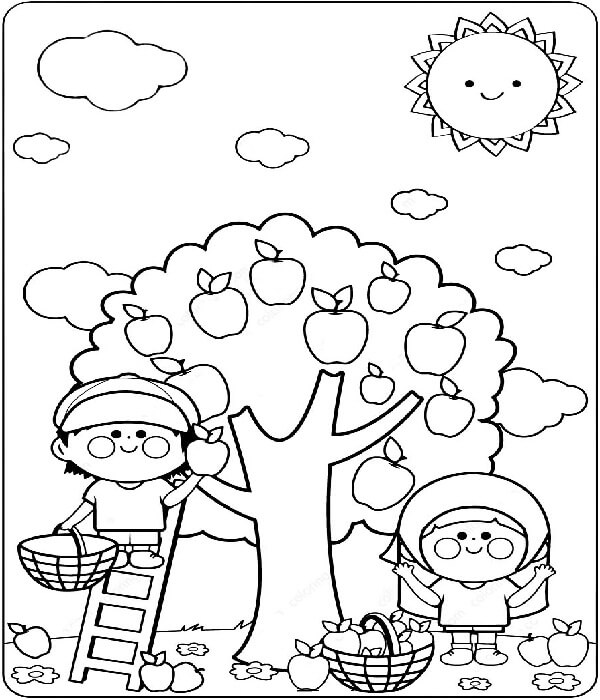Cute Colouring Pages of Kids Picking Apples-Engaging Apple Coloring Pages for Kids to Amuse Themselves