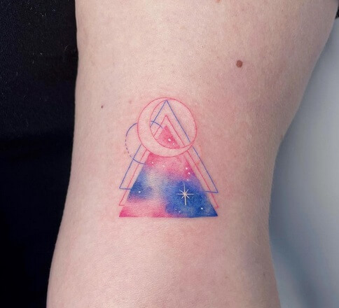 Geometric Triangle And Circles Colored Tattoo-Twenty Triangle Tattoos That Will Inspire You in 2023