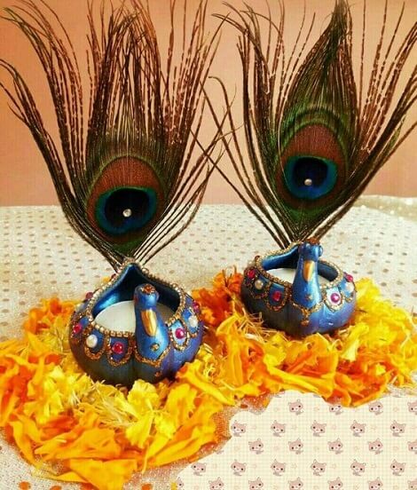 Easy Peacock Feather Diya Decoration DIY Diya ornamentation