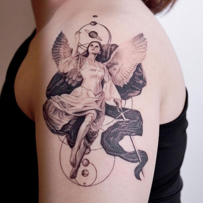  Angel Catholic Tattoo On The Bicep