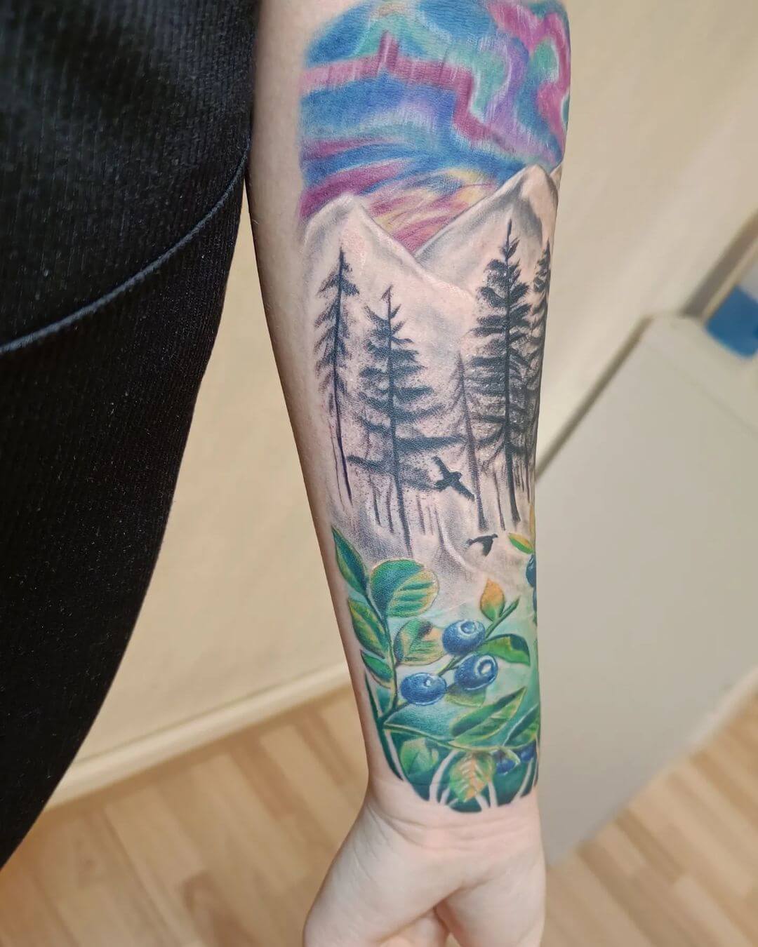 Colorful Forest Tattoo On Forearm-