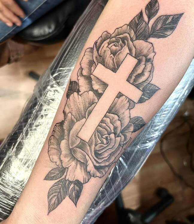 Cross And Roses Catholic Tattoo