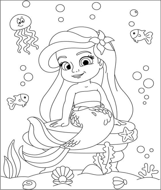 Cute Ariel Mermaid And Fish Coloring Pages