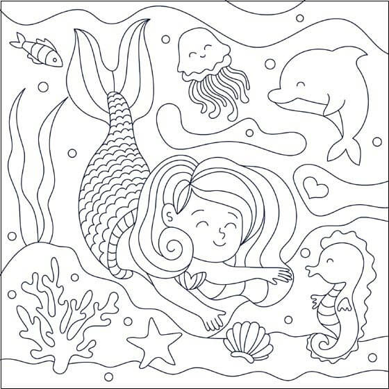 Easy Mermaid with Other Sea Creatures Coloring Page