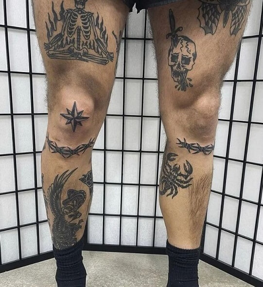Haunted Patchwork Tattoo Designs On The Legs