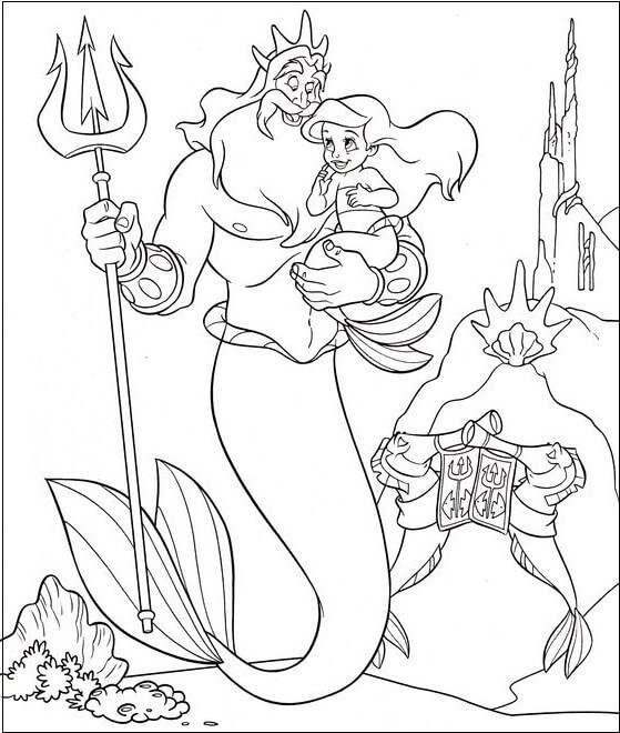 Little Princess Ariel with her Father Coloring Pages