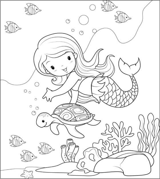Lovely Mermaid And Sea Animal Coloring Pages