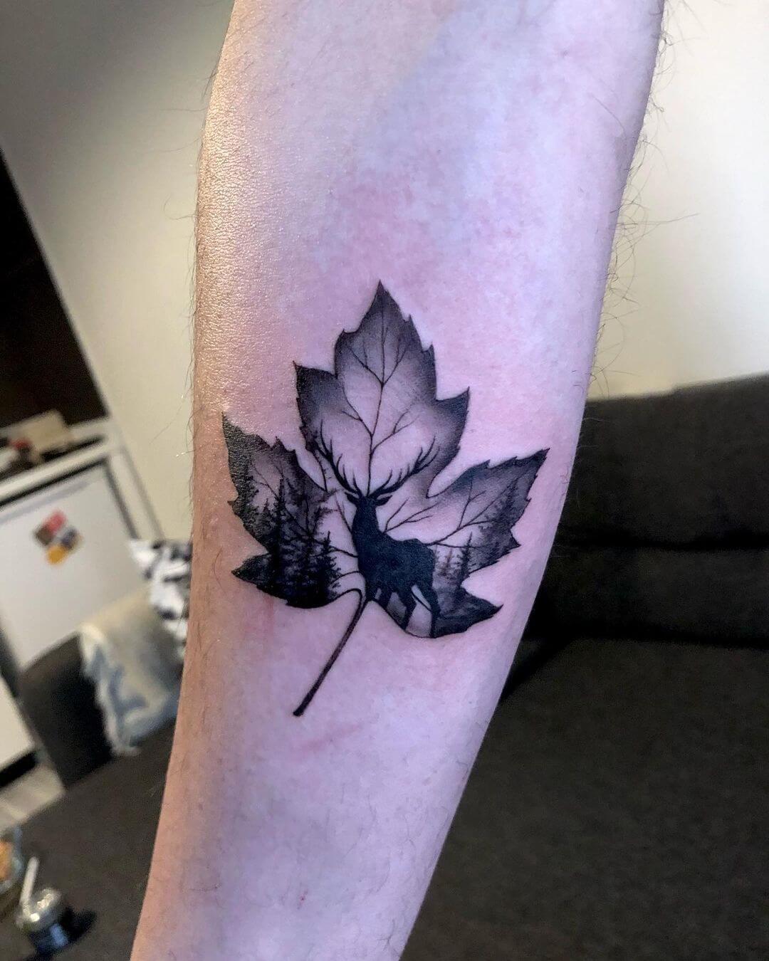 Maple Leaf Tattoo Artwork With Deer-