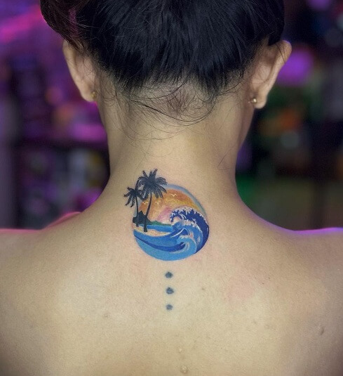 Colored Palm Tree With Wave Tattoo On Back Neck