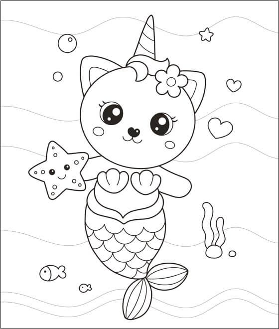 Pretty Mermaid Cat Coloring Page