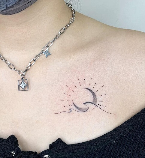 Moon And Wave Combination Tattoo