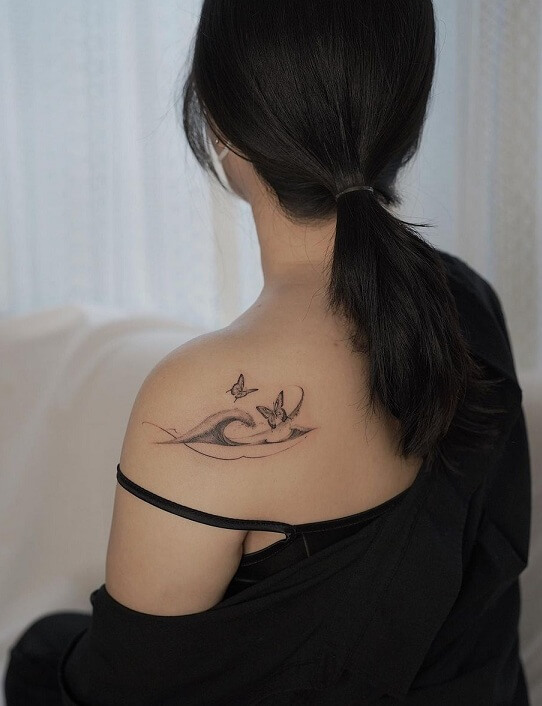 Simple Wave Tattoo With Butterflies Near Shoulder