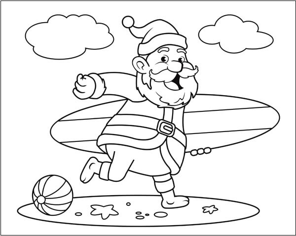 Beautiful Surfing Santa on the Beach Coloring Pages