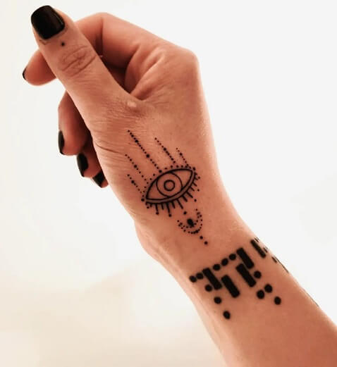 Gorgeous Evil Eye Hand Tattoo Design With Dotted Lines