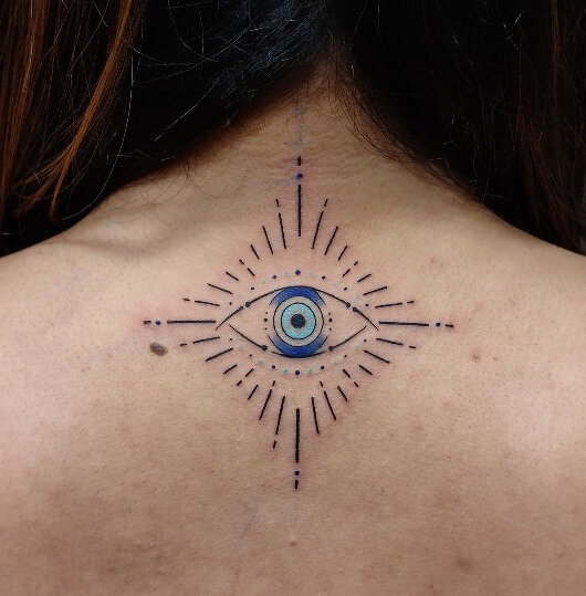 Modish Blue Evil Eye Tattoo Design On the Back Neck