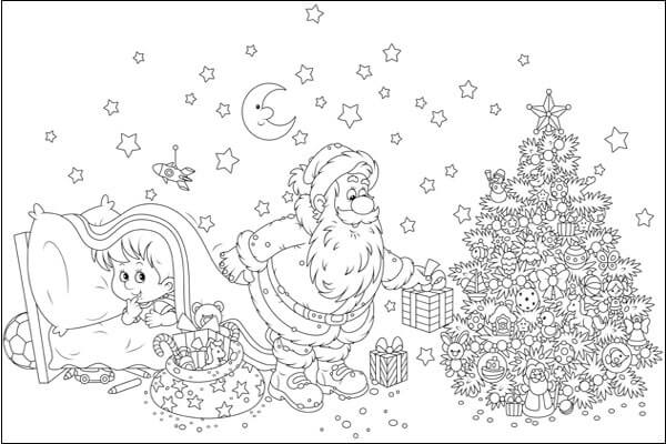 Santa Delivering Gifts For Kids Coloring Page