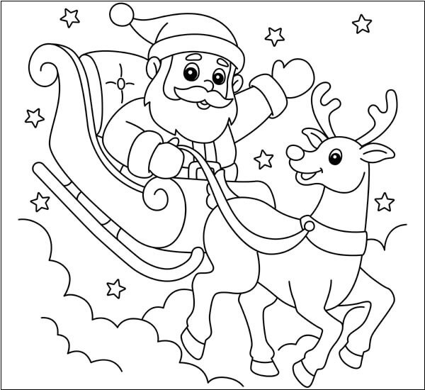 Santa Sleigh and Reindeer Christmas Coloring Page
