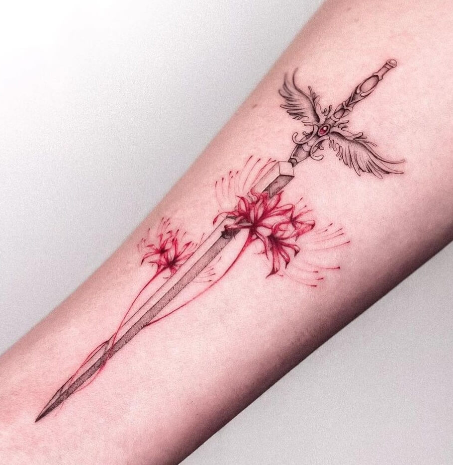 Stylish Sleek Sword Tattoo Designs With Flowers & Wings