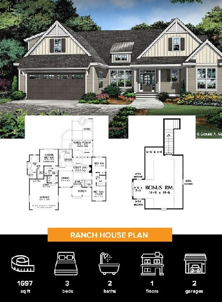 Farmhouse-style Ranch Home Plan Design With Garages
