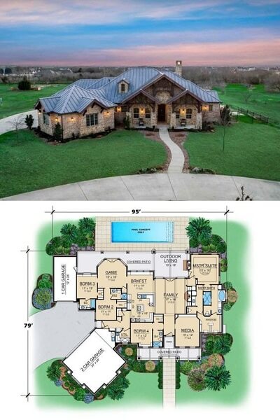 Vintage Vibes Ranch Four-Bedroom House Design With Huge Brick And Stone